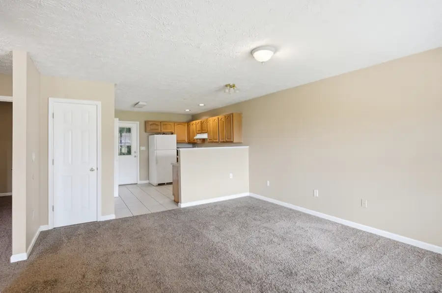 Carpeted living room open to the kitchen