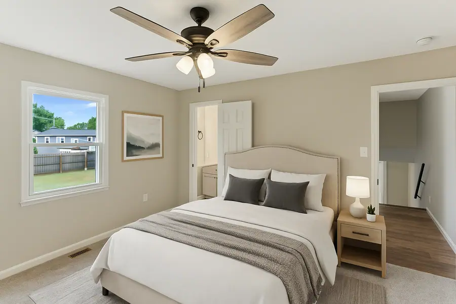 Staged bedroom prepared for listing photography